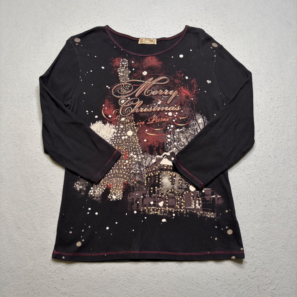 Blue Canyon Top Women XL Black Merry Christmas In Paris Y2K‎ Rhinestone Graphic